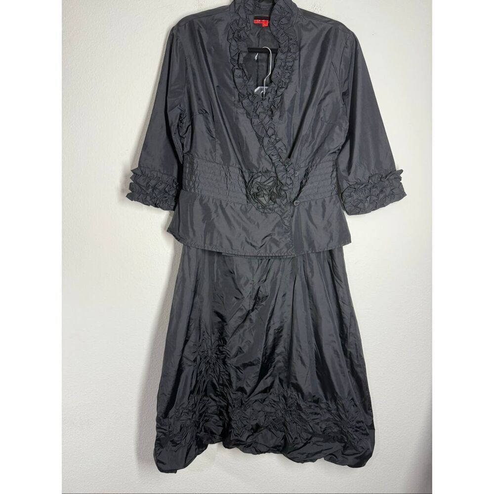 K Derhy Elegant Women’s Bohemian 2 Pcs Suit Jacket Skirt Sz L Black